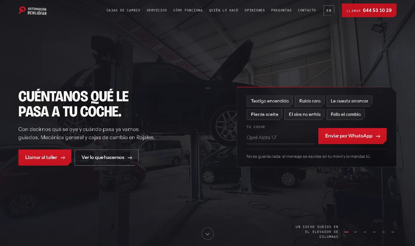 Portada de la web de un taller mecánico: el titular «Cuéntanos qué le pasa a tu coche», botones para llamar y un formulario para describir la avería